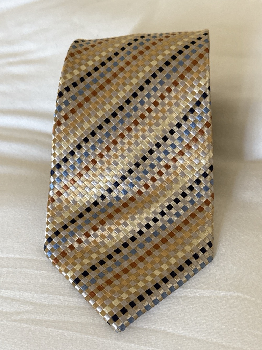 Peacock Hand Made Pure Silk Men’s Tie Gold Blue Geometric Woven
